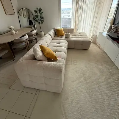 Light Beige Tufted L-Shaped Corner Sofa (3-Seater + Chaise)