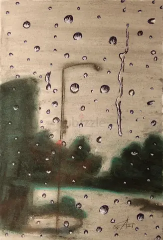 Original Rainy Window Mixed Media Painting – Beautifully Framed