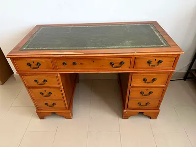Vintage Wooden Double Pedestal Desk with Green Leather Inset