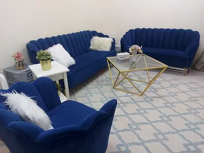 Set of 2 Navy Blue Velvet Sofas + Armchair