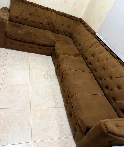 Large L-shaped Brown Tufted Sofa - Comfortable Corner Couch