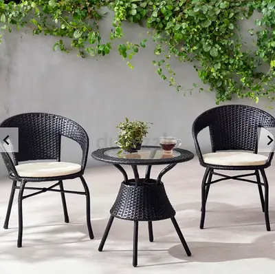 3-Piece Outdoor Rattan Bistro Set with Glass Top Table and Cushions