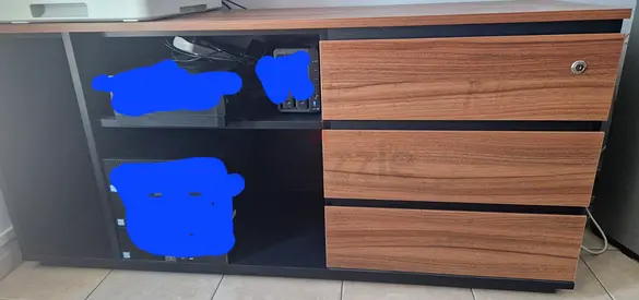 Wood-effect low storage cabinet with 3 drawers and open shelves