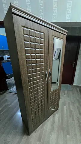 Two-door Wooden Wardrobe with Mirror and Drawer - Good Condition