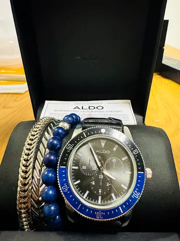 Brand new Aldo mens black chronograph watch with blue bezel + bracelet set