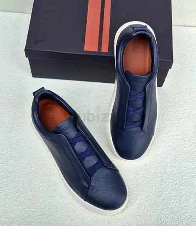 Zigna Mens navy leather slip-on sneakers - casual low-top (with box)