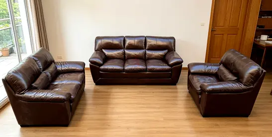 Brown Leather 3-piece Sofa Set — 3-seater + 2-seater + Single, Good Condition