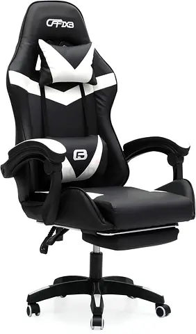 Black  White Fully Reclining Gaming Chair with Footrest, Lumbar Support  360° Swivel Base