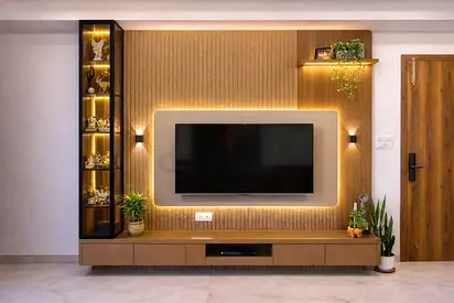 Modern wooden TV entertainment unit with LED backlighting and display cabinet