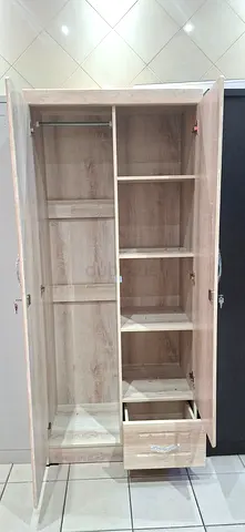 Light Wood 2-Door Wardrobe with Shelves and Drawer - Good Condition