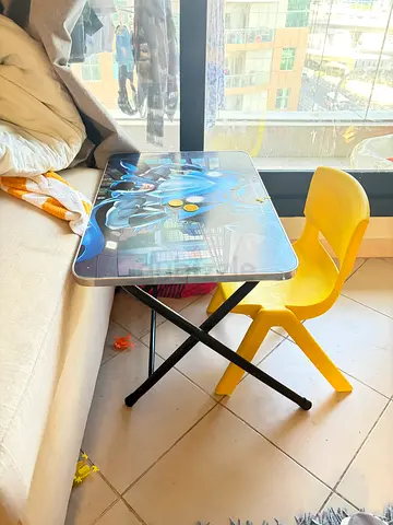 Kids study table and 2 chair set — small table with yellow chair, good condition
