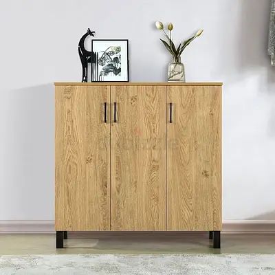 Oak Finish 3-Door Storage Cabinet with Black Legs