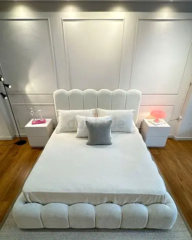 Modern White Scalloped Upholstered Bed Frame