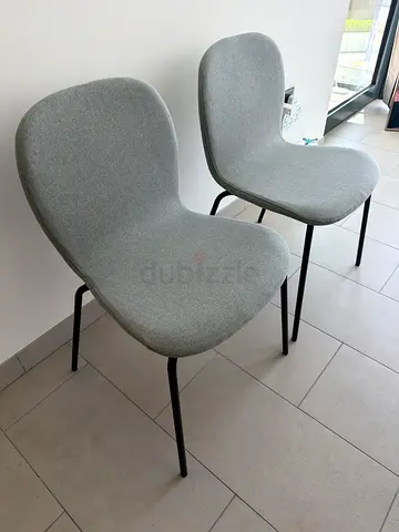Pair of modern grey-green IKEA upholstered dining/side chairs with black Metal legs/ not damaged