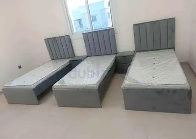Brand New Set of 3 Single Beds with Headboards and Nightstand - Grey Velvet, Almost New