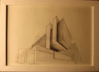 Framed Original Graphite Perspective Drawing | Modern Building Concept | By Charlie