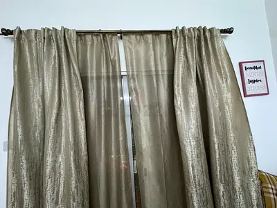 Living Room Curtains — 2 Sets Blackout + Sheer + Rod | Beige Gold Textured | MOVING SALE