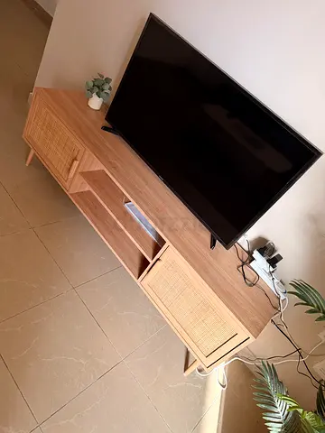 Wooden TV Cabinet with Woven Cane Doors - Light Oak Finish