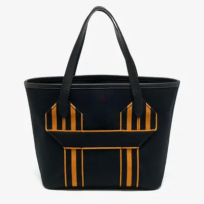 Authentic Hermes Pursangle MM Noir/Caramel Militaire Toile and Taurillon Clemence Leather Tote
