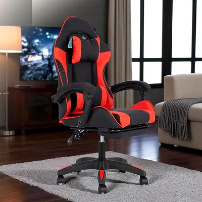 Red  Black Fully Reclining Gaming Chair with Footrest, Lumbar Support  Swivel Base