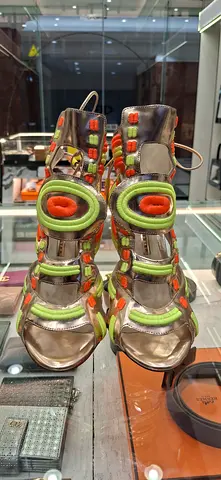 Prada Metallic Silver Gladiator Sandals with Neon Accents