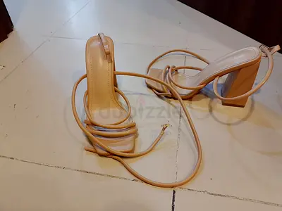 Beige lace-up block heel sandals, gently used