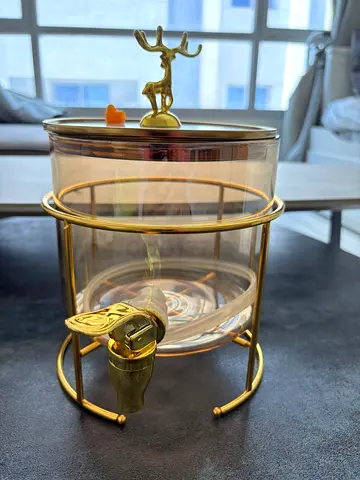 Decorative Glass Beverage Dispenser with Gold Reindeer Lid