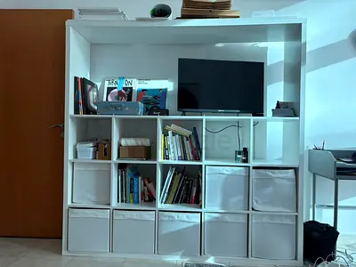 White IKEA Kallax Shelving Unit with TV Space (182 x 182)