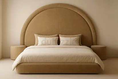 Camel beige arch headboard king bed with side tables