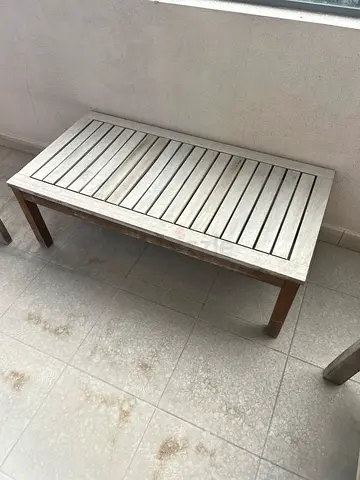 Solid Wood Slatted Outdoor Set table 2 chairs with pillows