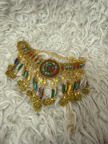 Ornate gold tone ethnic coin necklace with colorful beads