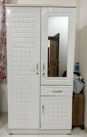 White 2-Door Wardrobe with Built-in Mirror and Drawer