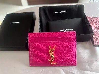 Authentic Saint Laurent Pink Leather YSL Card Holder with Box