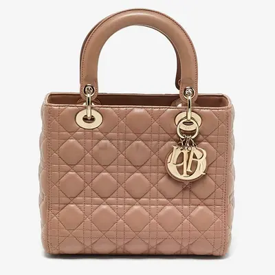 Authentic Dior Lady Dior Medium Beige Leather Tote Bag