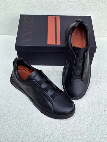 Zegna Black Leather Slip-On Sneakers - Size Not Specified