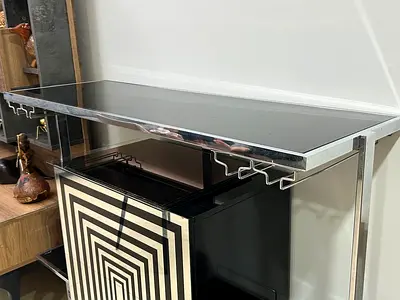 Modern chrome and glass console table with wine glass rack
