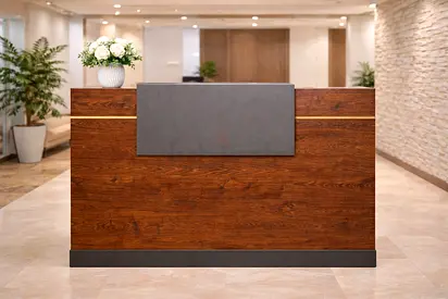 Wooden Reception Desk with Lockable Drawer  Keyboard Tray – Modern Front Desk Counter for Office