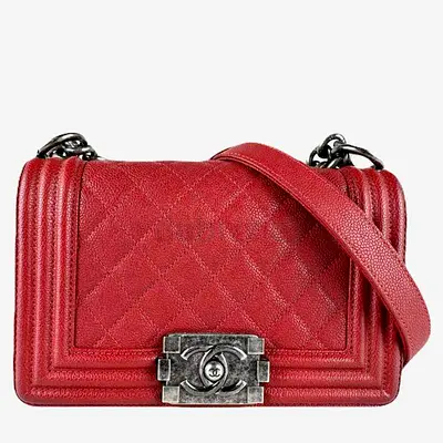 Authentic Chanel Boy Red Caviar Leather Shoulder Bag