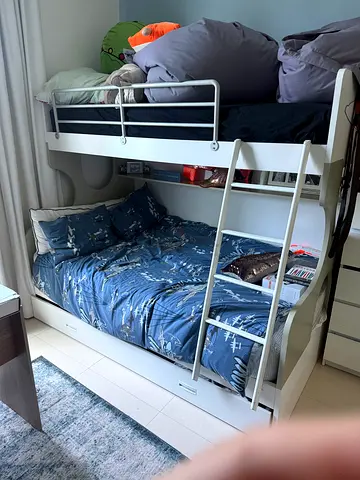 White wooden bunk bed with ladder and storage - good condition