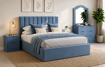 Blue upholstered queen bed frame with matching bedside and dresser set