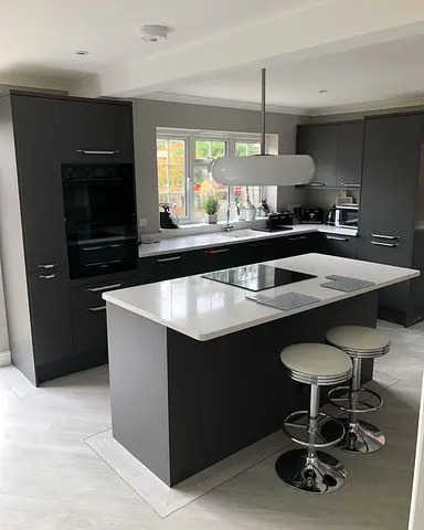 Modern Kitchen Island with Grey Base and White Countertop