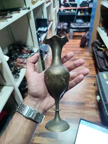 Small Antique Brass Vase with Engraved Floral Motif