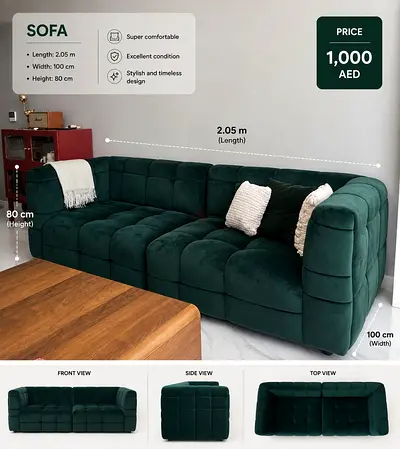 Green Velvet 2.05m Sofa - Good Condition
