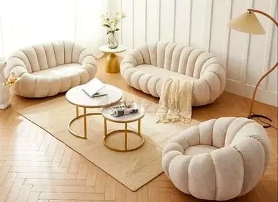 Cream Curved 3-Piece Sofa  Armchair Set with Round Coffee Tables