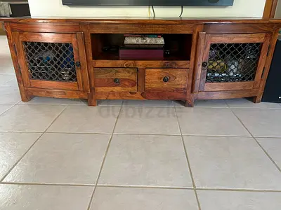 Solid Sheesham Wood TV Console with Metal Mesh Doors - Rustic Finish