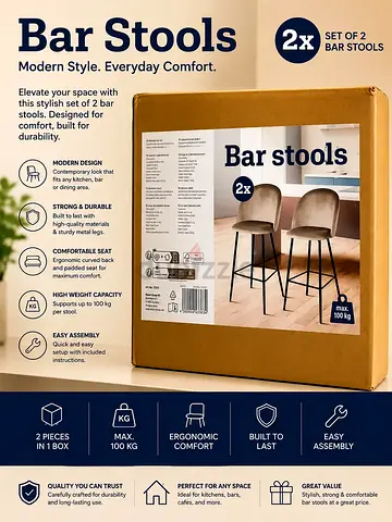 Set of 2 modern bar stools with elegant velvet finish.