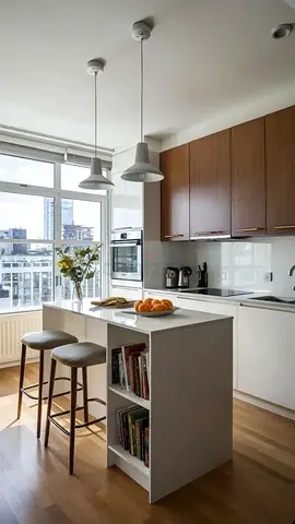Kitchen Island with Built-in Shelves and Stools
