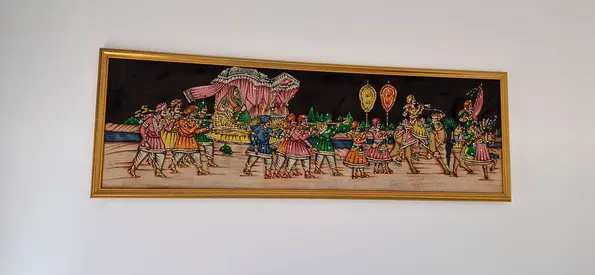 Golden Framed wall home decor of  hand made  colorful  display of king and queen on cloth