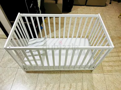 White Wooden Baby Crib with Mattress - Good Condition