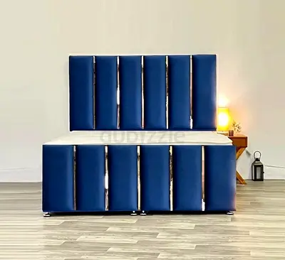 Modern Blue Velvet Bed with Chrome Details